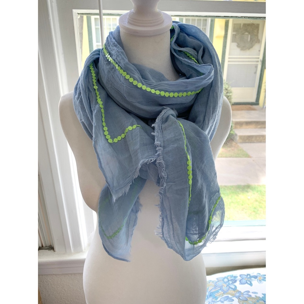 Natura Blue Gauze Scarf with Neon Lime Sequin Trim Frayed Edges Muslin Pashmina